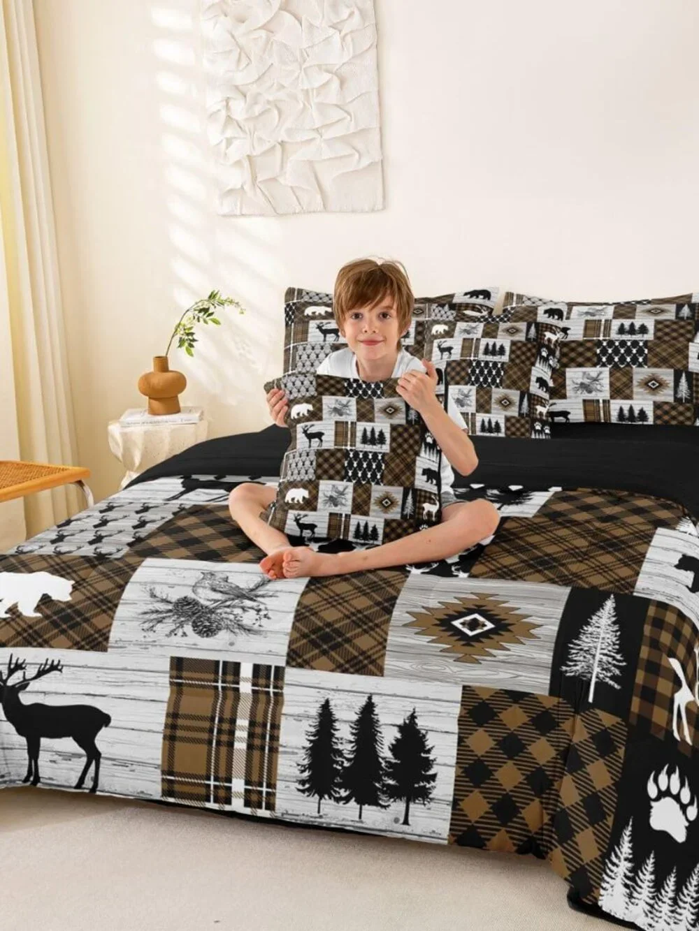Brown Cabin King Size Comforter Set with Sheets Patchwork Rustic Bedding Set 7 P